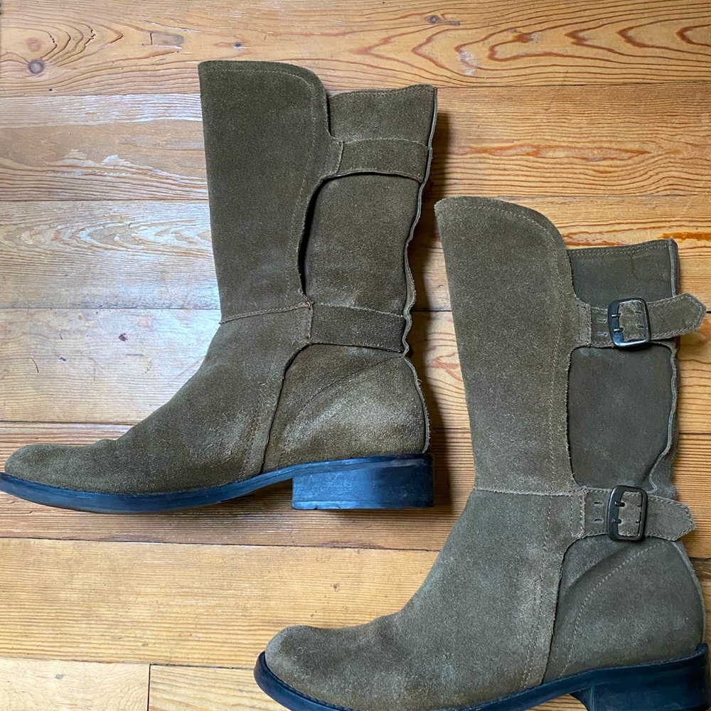 Olive green suede booties with decorative straps, size 8 1/2